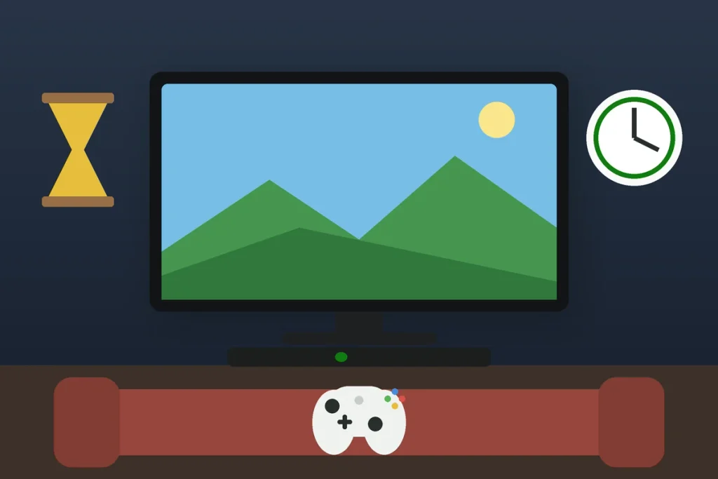 Living room TV with a game, clock, and hourglass representing Xbox screen time limits