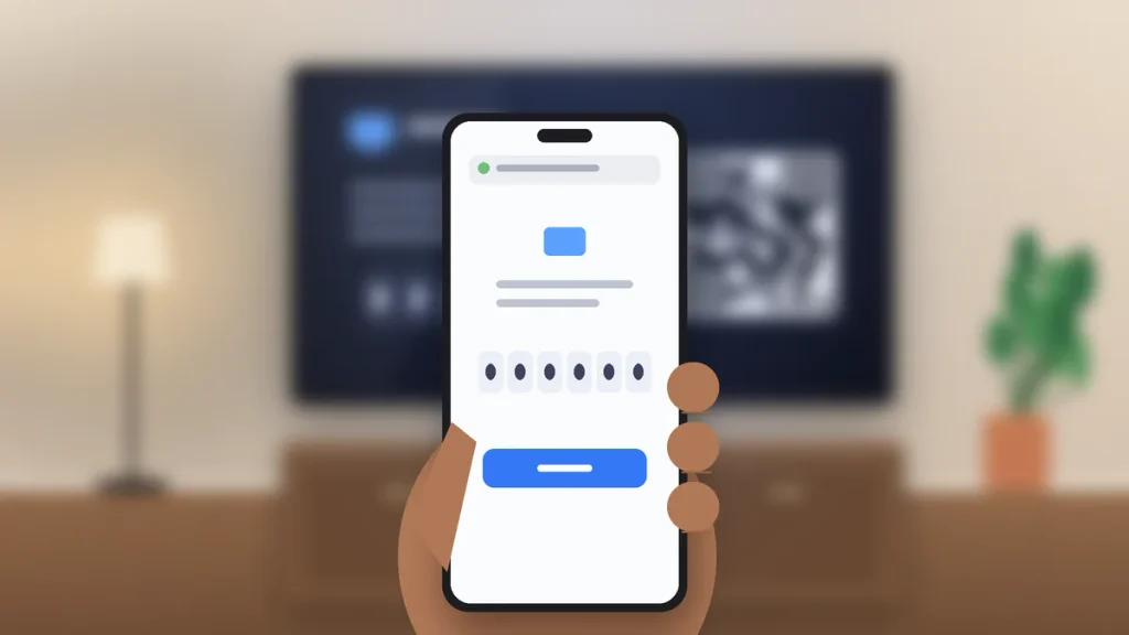 a close-up of a phone with code boxes, with the TV blurred behind it