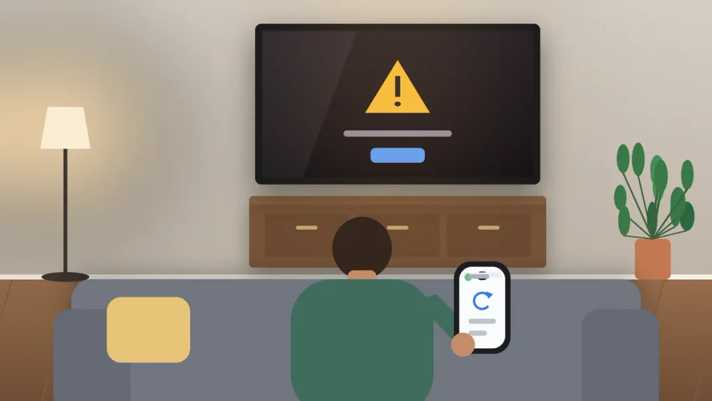 a person on the couch facing a TV error screen, with a refresh icon on their phone
