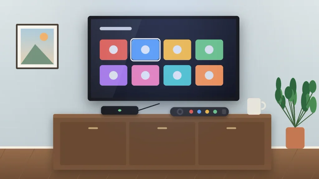 a TV app screen, with a streaming box and remote on the console